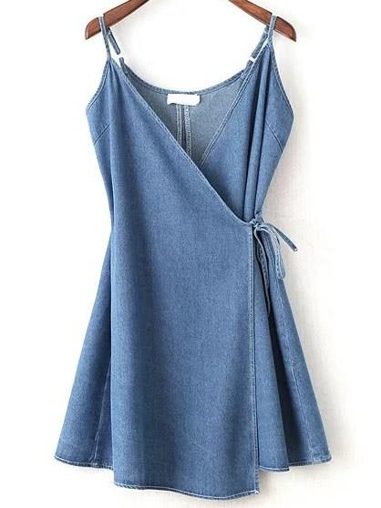 Vestido Cruzado Con Detalle De Cordón - Azul