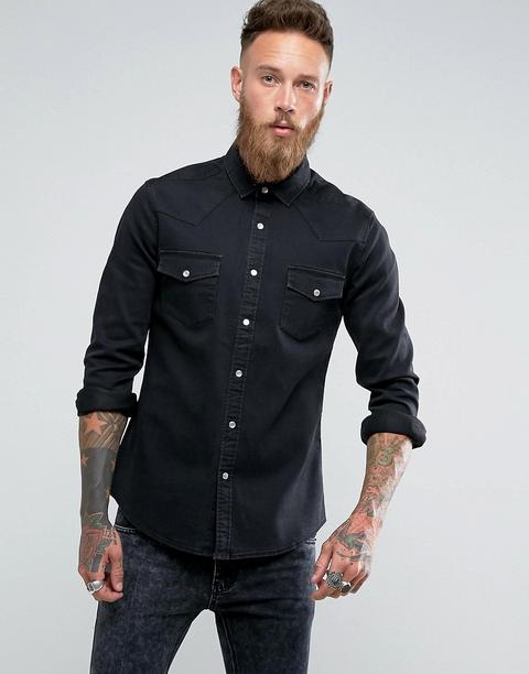 Asos - Camicia Di Jeans Slim Nera Stile Western - Nero