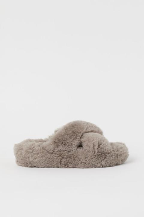Faux Fur Slippers - Grey