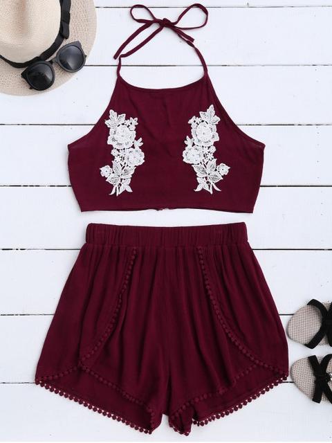 Lace Floral Halter Crop Top And Shorts