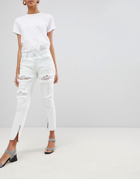 Glamorous - Jeans Skinny Strappati Con Zip - Blu