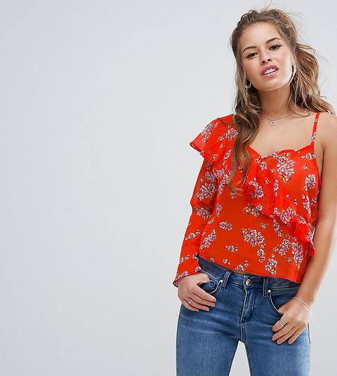 Asos Petite - Blusa Monospalla Con Vivace Stampa A Fiori E Volant - Multicolore