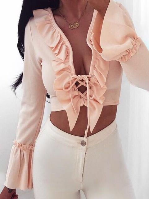 Sexy Ruffle Flare Sleeve Lace Up Crop Top