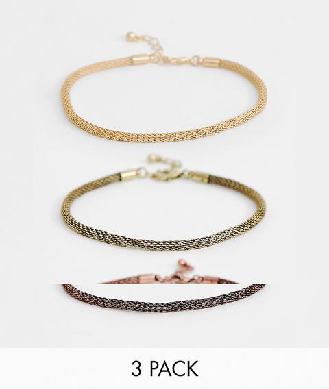 Asos Design 3 Pack Mesh Chain Bracelets In Gold Tone