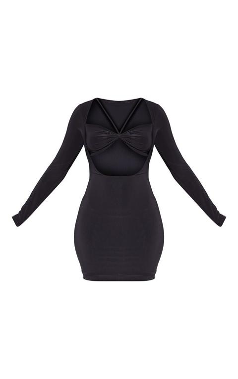 slinky long sleeve bust knot detail bodycon dress