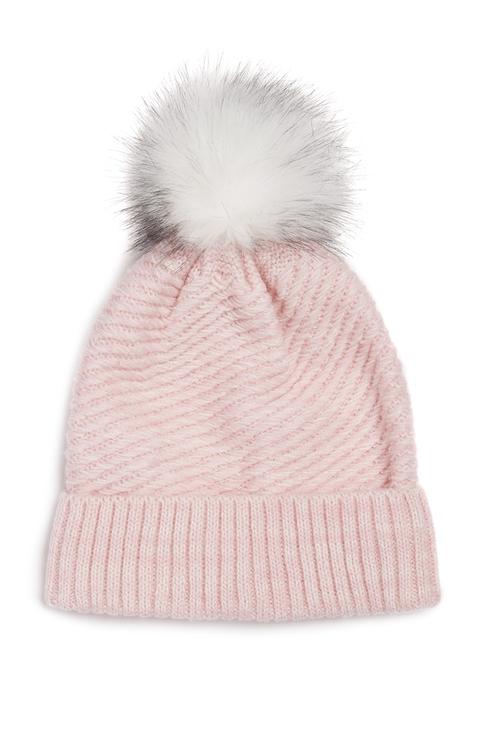 Gorro De Punto De Canalé Rosa Con Pompón