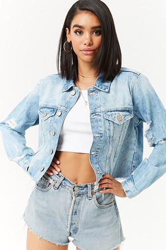 Forever 21 Distressed Denim Jacket , Light Denim