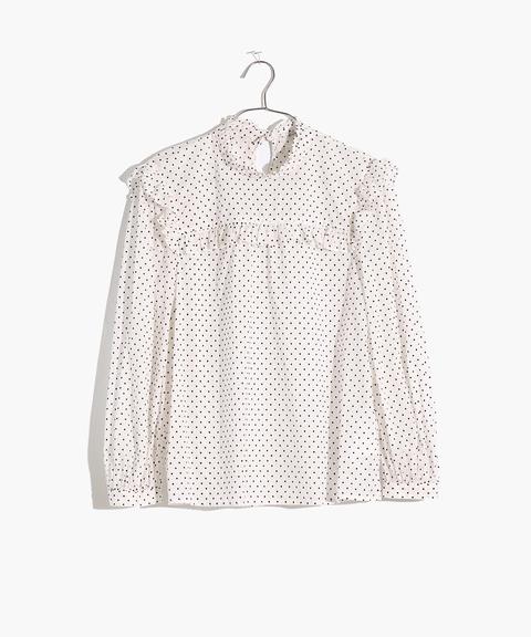 Mockneck Ruffle Top In Flocked Dot