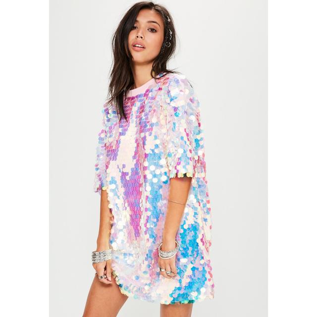 pink and green sequin shirt dress