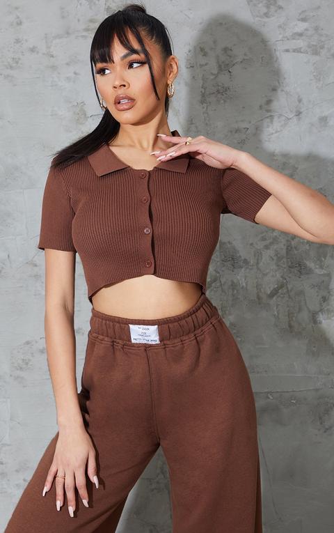 Chocolate Ribbed Collared Button Up Knitted Short Sleeve Cardigan