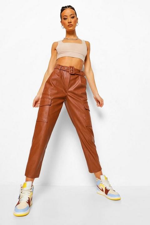 Womens Belted Leather Look Cargo Trousers - Brown - 12, Brown