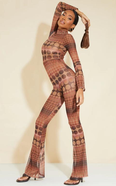 Brown Circle Print High Neck Flared Mesh Jumpsuit