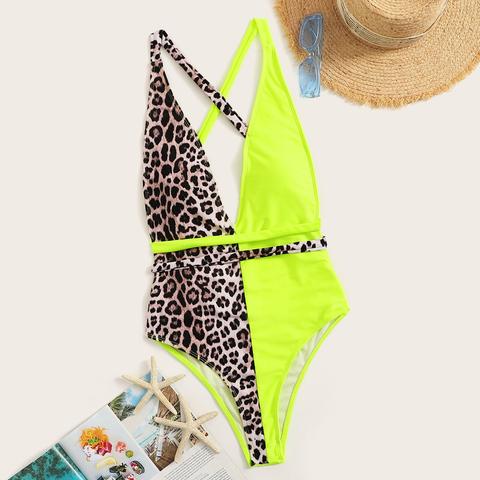 Costume Da Bagno Capestro In Neon Con Stampa Leopardo