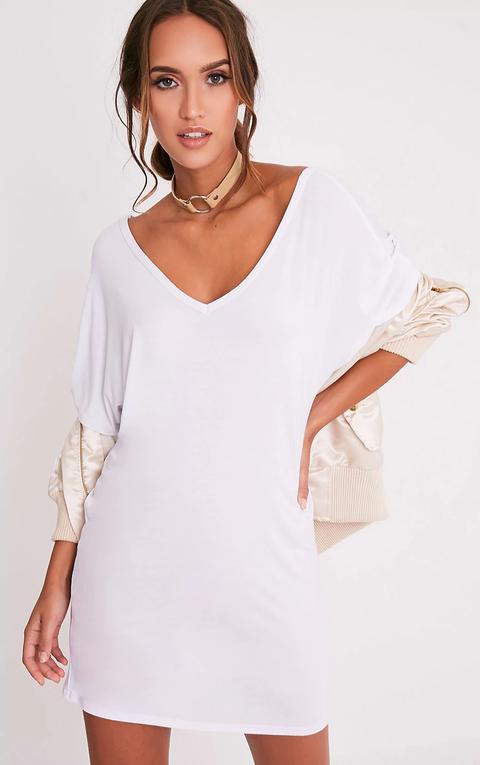 Basic White V Neck T Shirt Dress, White