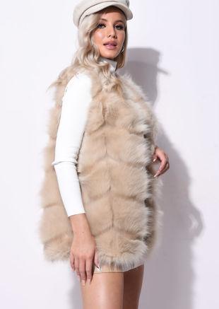 Faux Fur Stripe Gilet Jacket Beige