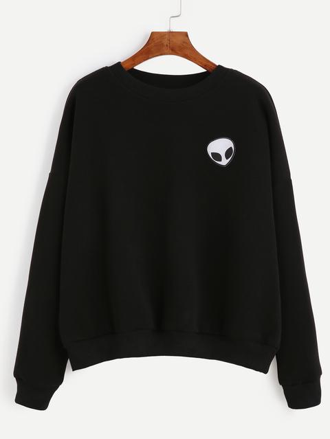 Black Drop Shoulder Alien Patch Sweatshirt