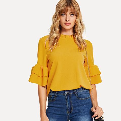 Blusa Con Maniche A Volant E Collo Arricciato