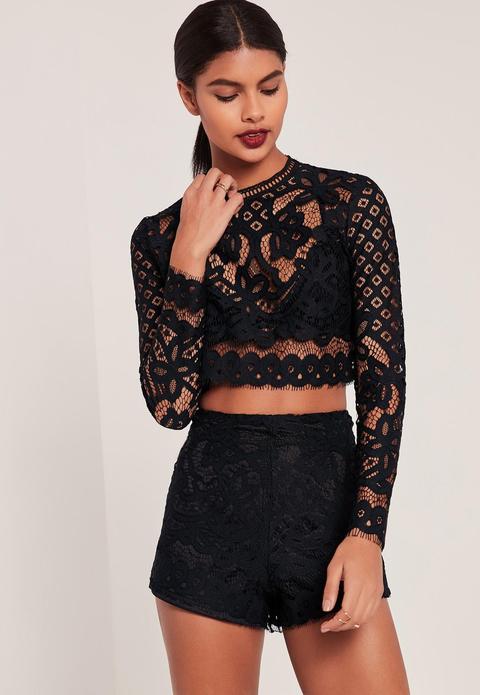 Black Patterned Lace Crop Top