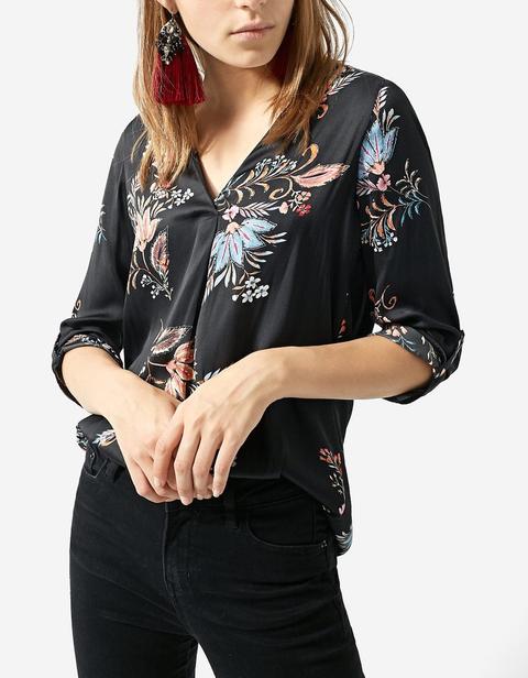 Camisa Larga Manga 3/4 Con Cuello Pico De Flores