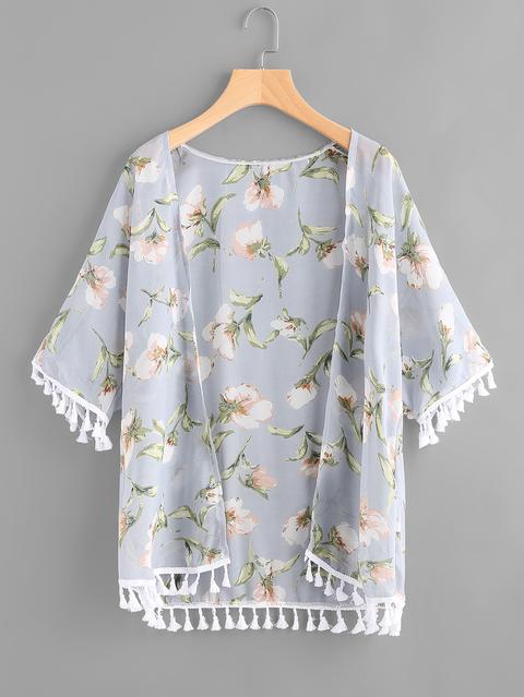 Floral Print Random Tassel Hem Kimono