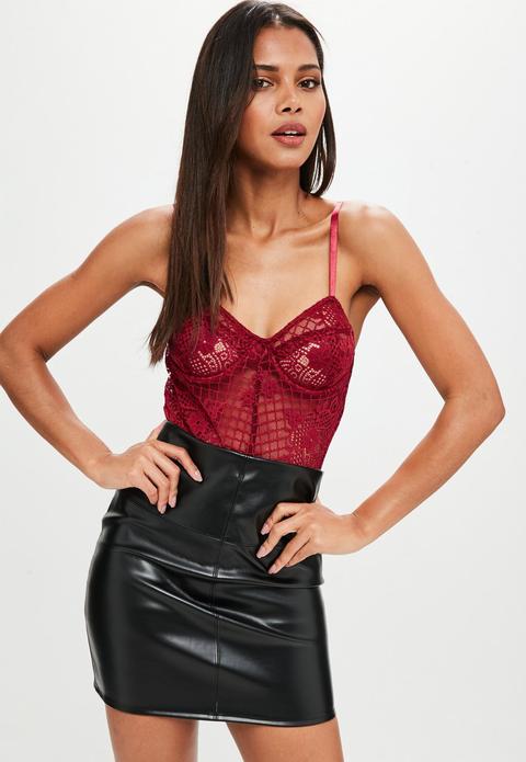 Burgundy Lace Underwired Bodysuit, Red