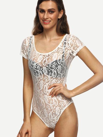 Bodysuit In Pizzo Forma U Indietro Maniche Corte - Bianco