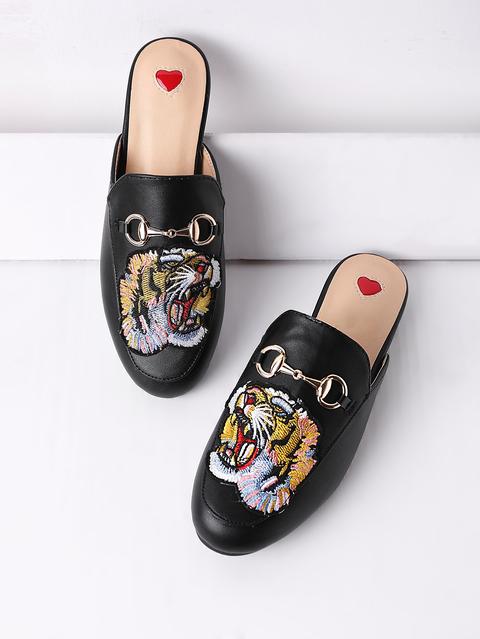Tiger Embroidery Metal Detail Flat Mules