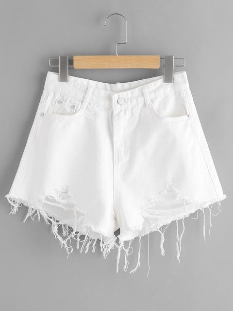 Destroyed Fray Hem Denim Shorts