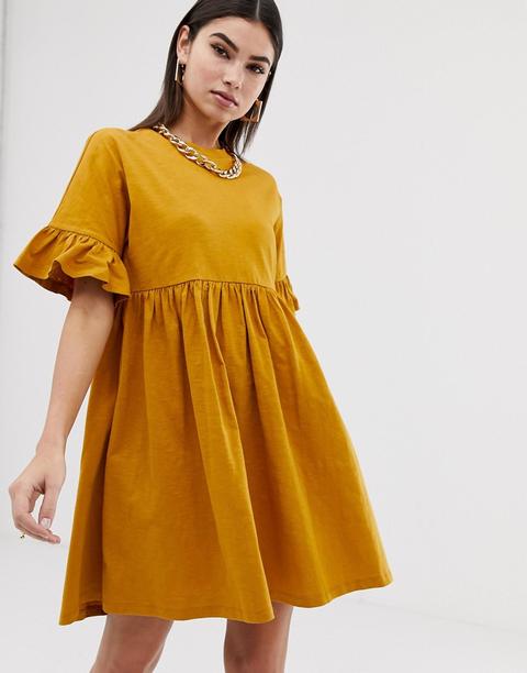 Asos Design Cotton Slubby Frill Sleeve Smock Dress-yellow