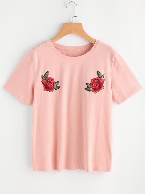 Embroidered Rose Applique Tee