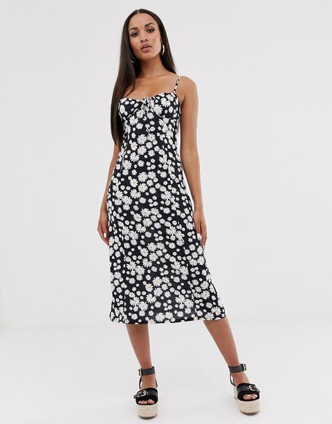 Asos Design Midi Slip Sundress In Daisy Print With Tie-multi