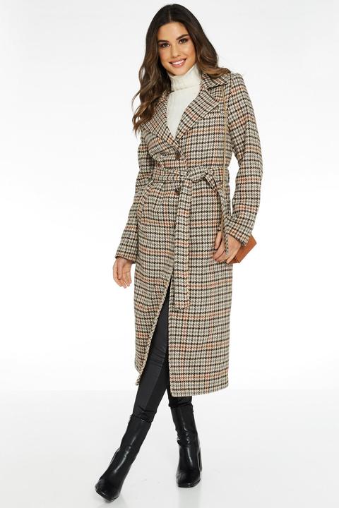 Stone Dog Tooth Belted Long Coat