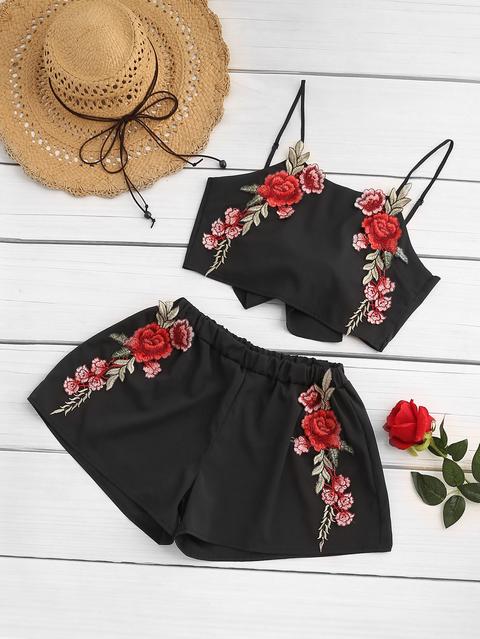 Top De Tirante Aplique De Flor De Espalda Con Nudo Con Shorts