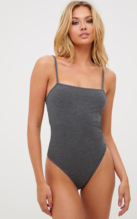 Grey Ribbed Square Neck Thong Bodysuit, Grey