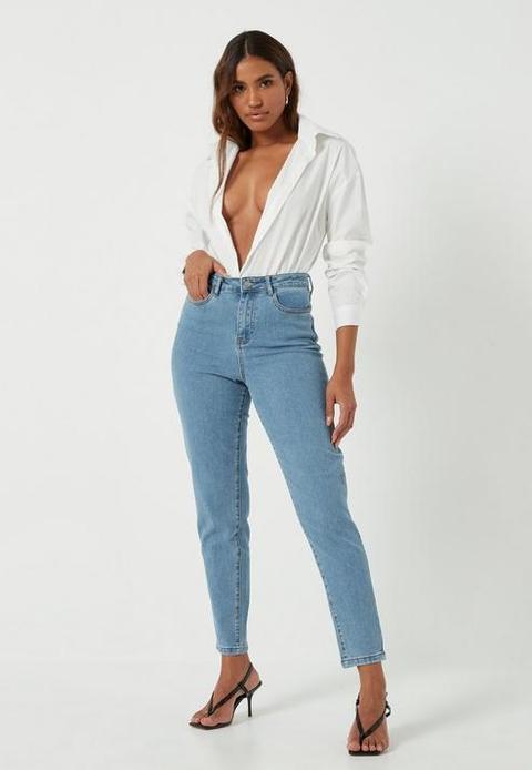 Petite Blue High Waisted Comfort Stretch Denim Mom Jeans, Blue