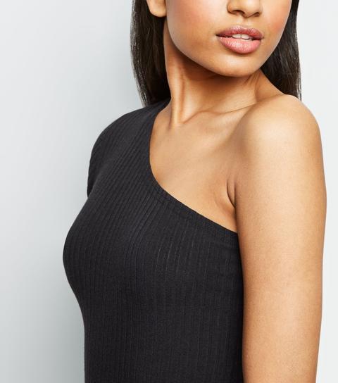 Petite Black Ribbed One Shoulder Bodysuit New Look