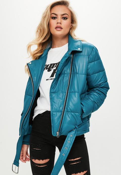 Blue Puffer Biker Jacket, Blue