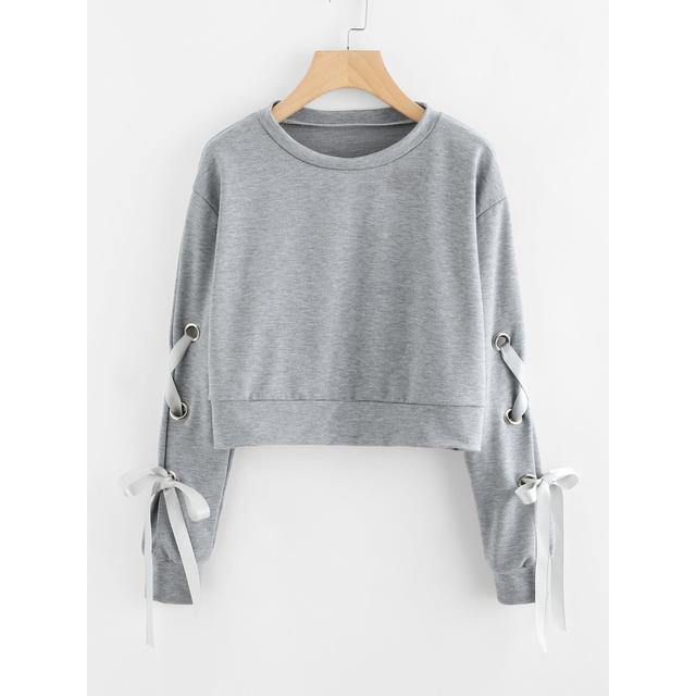 eyelet lace up sleeve crop sweatshirt