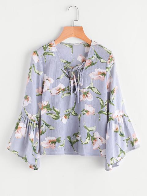 Blue Florals V Neck Bell Sleeve Lace Up Blouse