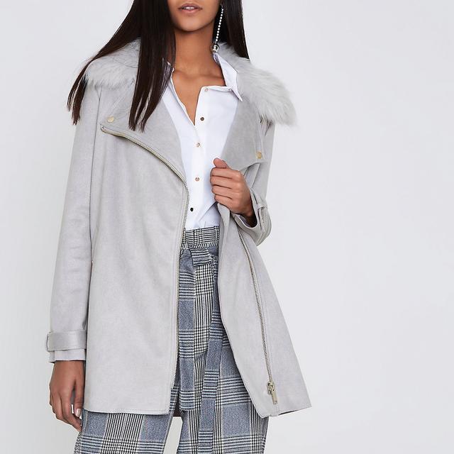 river island grey coat fur collar