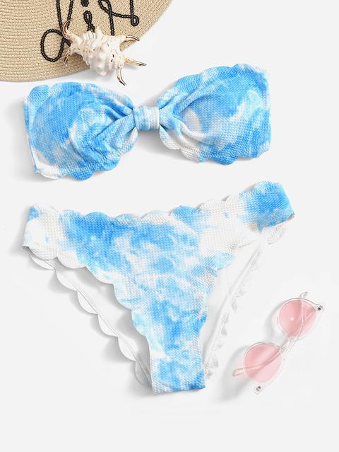 Tie Dye Festoneado Con Ribete Festoneado Y Panty Bikini