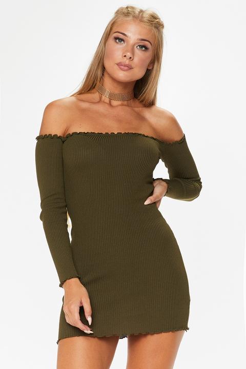 Harper Khaki Ribbed Bardot Dress