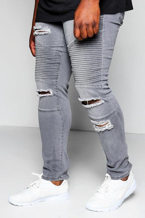 Big And Tall Grey Skinny Fit Ripped Biker Jeans