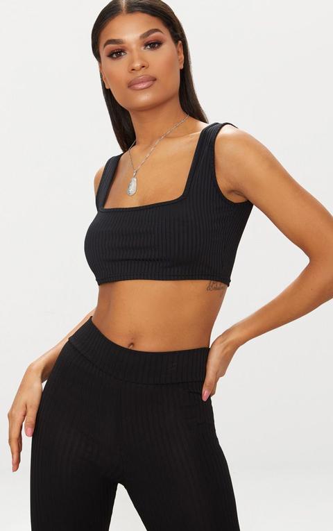 Basic Black Rib Square Neck Crop Top, Black