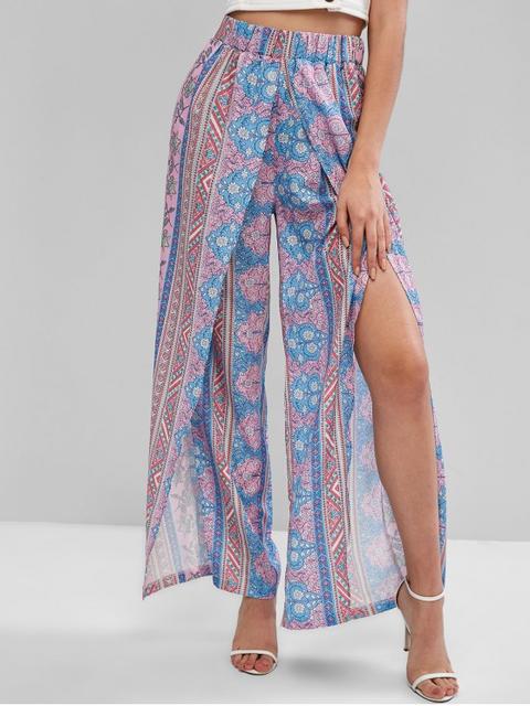 Zaful Pantalones Tulipán De Cintura Alta Con Estampado Floral Bohemio Multi-a