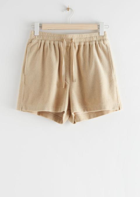 Drawstring Velour Shorts - Beige