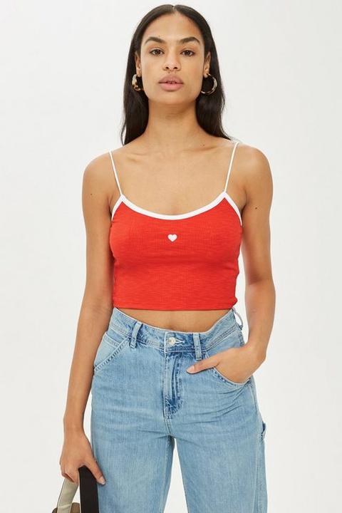 Womens Petite Heart Embroidered Cami Top - Red, Red