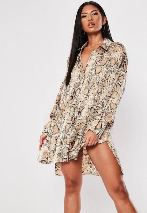 Brown Snake Oversized Dip Back Shirt Dress, Brown