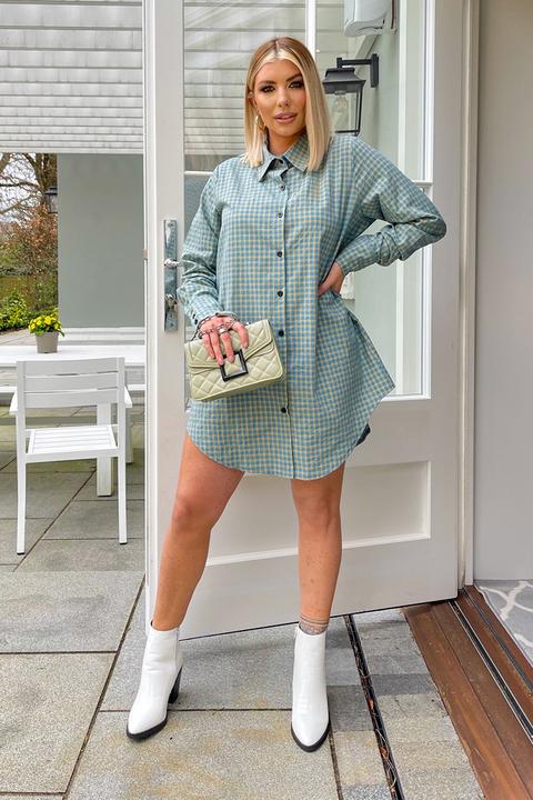 Green Dresses - Olivia Bowen Sage Check Oversize Long Sleeve Shirt Dress