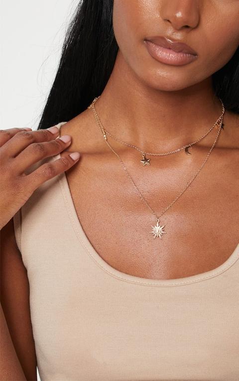 Gold Star Moon Pendant Layered Necklace